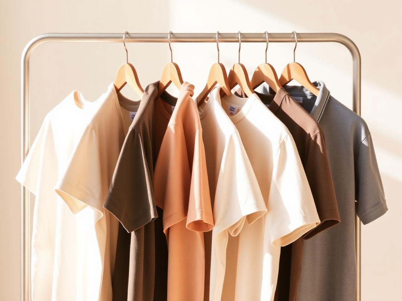 Plain t-shirts and polos on a clothing rail