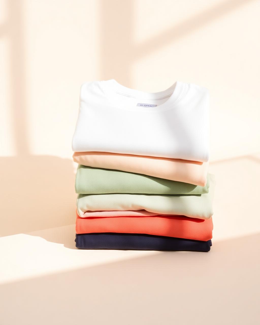Stack of folded cotton t-shirts in soft colours